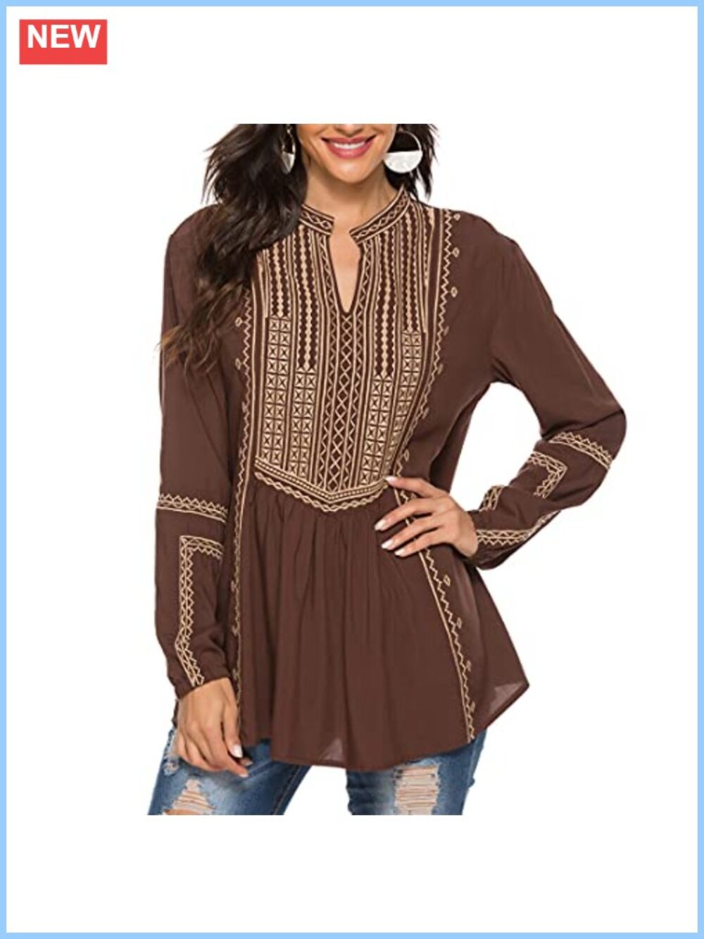 Embroidered Mexican Peasant Tunic Top V Neck Convertible Sleeves Cotton Rayon